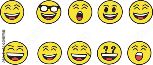 Yellow smiley face emoji set with various expressions and colors