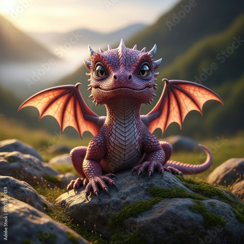 Adorable little red dragon sitting on a rock in a scenic outdoor setting with mountains