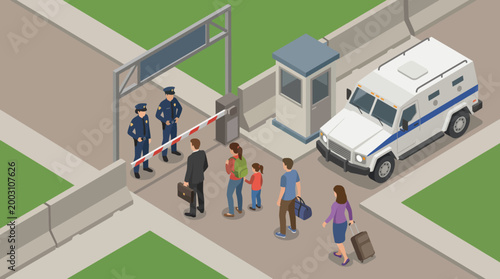 A scene depicting a police checkpoint with officers monitoring people as they enter. A security vehicle is present, highlighting law enforcement activities in a public area.