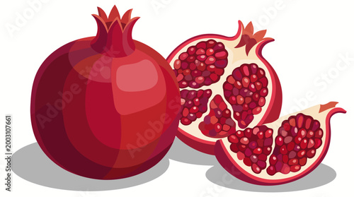 This image showcases a whole red pomegranate with beautifully arranged cut sections, displaying its juicy seeds and inviting texture in a vibrant color palette.