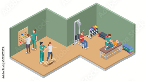 This isometric illustration showcases a rehabilitation room with various therapy equipment and activities designed for physical therapy and recovery.