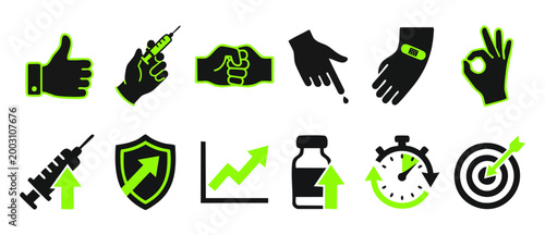 Medical Vaccination Icons Set, Healthcare Symbols for Immunization and Immunity Progress, Vector Graphics for Doctor Clinic and Health Campaign, Modern Black and Neon Green Flat Design Elements for We