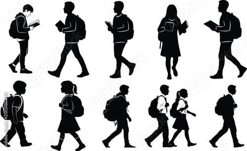Black silhouettes of school children walking, carrying backpacks and books white background