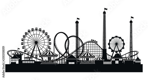 Amusement park silhouette a black and white illustration of thrilling rides and attractions