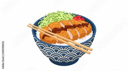 A visually appealing bowl of chicken katsudon garnished with shredded cabbage and pickles, perfect for Japanese cuisine lovers seeking authentic flavors.