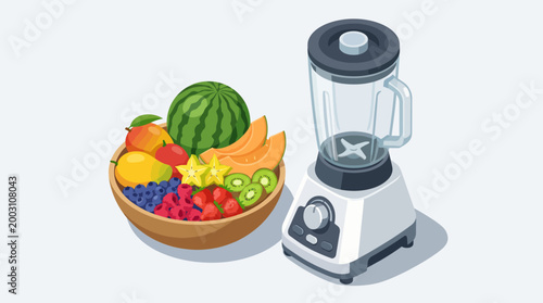 This image showcases vibrant fresh fruits alongside a sleek blender, symbolizing a healthy lifestyle and the joy of preparing nutritious smoothies.