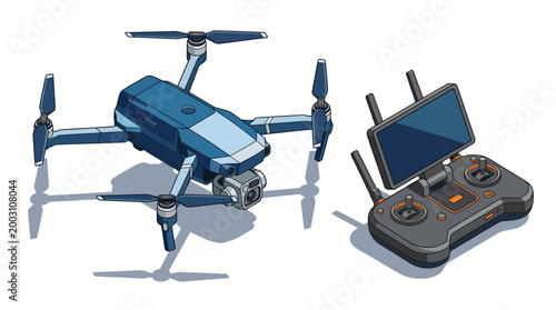 Features a modern aerial drone alongside a remote control, showcasing the latest technology in drone design for enthusiasts and professionals in aerial photography.