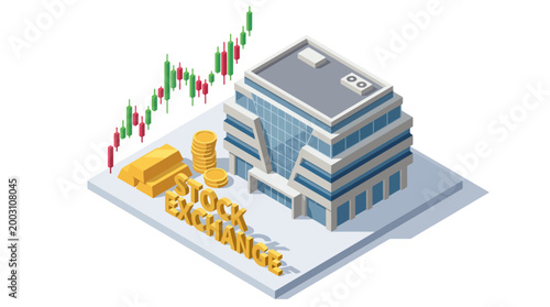 An isometric illustration depicting a stock exchange building surrounded by financial graphs, gold coins, and bars, illustrating trading dynamics and market activity vividly.