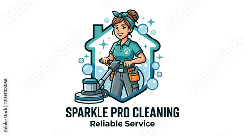 A clean and modern logo design for Sparkle Pro Cleaning featuring a female cleaner with a mop, ideal for showcasing reliable and professional cleaning services.
