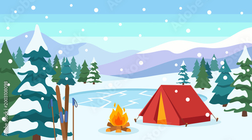 This illustration portrays a picturesque winter camping scene with a red tent, a campfire, snow-covered trees, and a frozen lake, evoking feelings of adventure and tranquility.