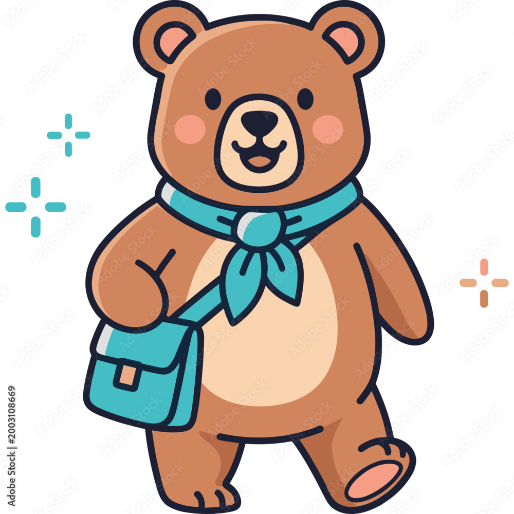 Fototapeta premium A cartoon brown bear wearing a blue scarf and carrying a bag walks forward.
