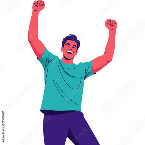 Man Celebrates Victory with Raised Arms in Cheerful Emotions