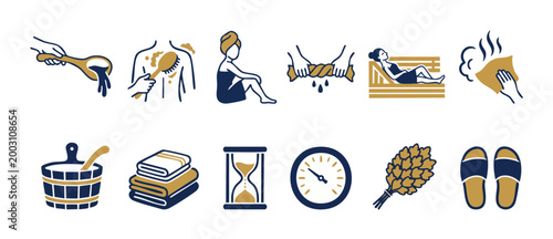 Sauna and Spa Treatment Icons Set, Relaxing Wellness Procedures and Equipment for Bathhouse, Steam Room Accessories, Health and Self-care Collection for Professional Design, Flat Linear Vector Illustr