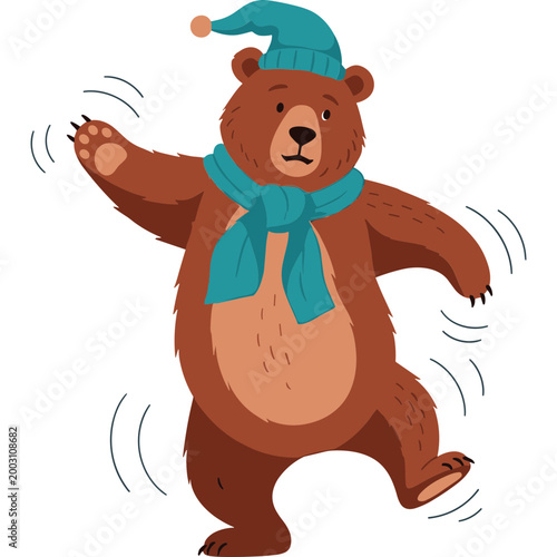 A brown bear wearing a blue scarf and hat is dancing happily on a snowy day outdoors.