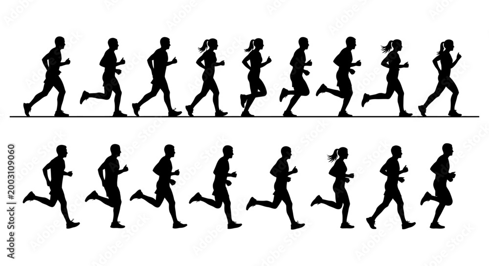 Obraz premium silhouettes of male and female runners in motion depicting race or athletic training