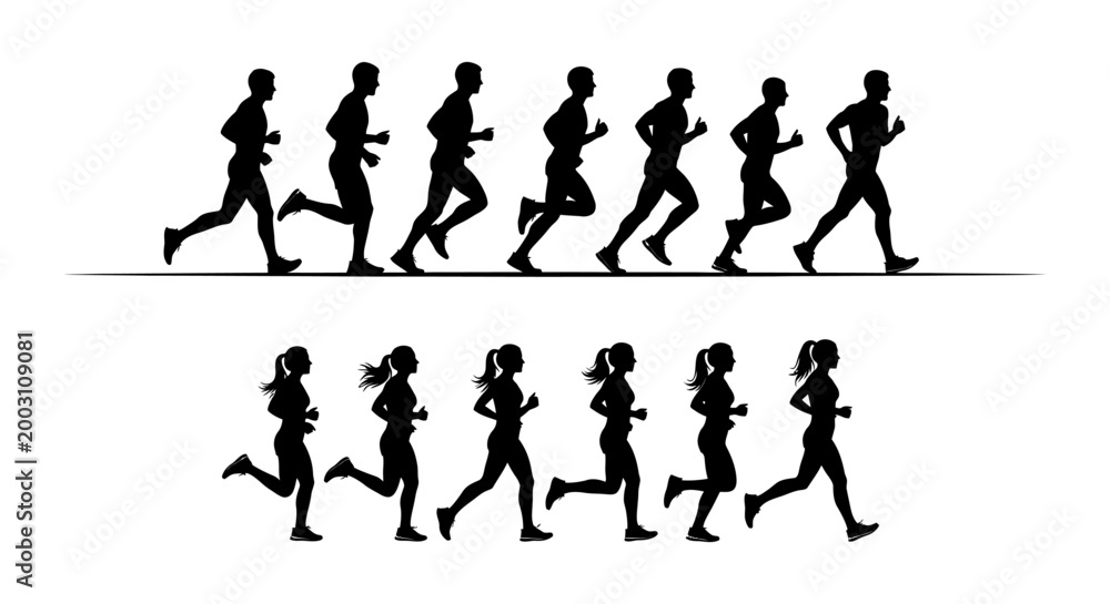 Obraz premium silhouettes of male and female runners in motion graphic resource for sports and fitness