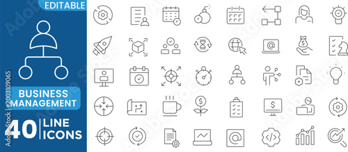 Business Management icon set. Management, teamwork, administration, strategy, leadership, business, planning, employee. Outline icons collection. Editable stroke. Vector