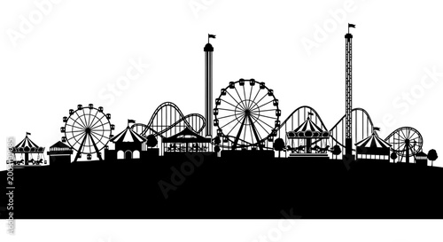 Amusement park silhouette a black and white skyline of thrilling rides and attractions