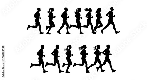 silhouettes of runners in motion a diverse group of men and women running
