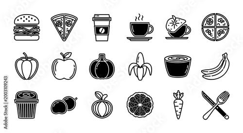 minimalist food icons showcasing healthy eating junk food and various drinks for menu or health app designs.