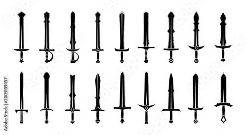 collection of various black silhouette sword icons isolated on white background