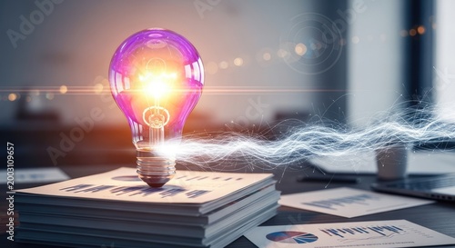 A vibrant, electric light bulb with a glowing filament, casting a warm glow on the surrounding papers and objects.