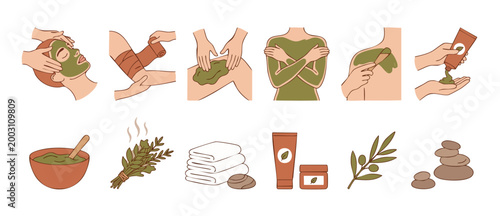 Spa Body Treatment Icons Set - Beauty Skincare Routine and Natural Wellness Procedure with Organic Mud Mask, Essential Oil Herbs, Massage Stones, and Cosmetic Cream Tubes for Professional Salon Therap