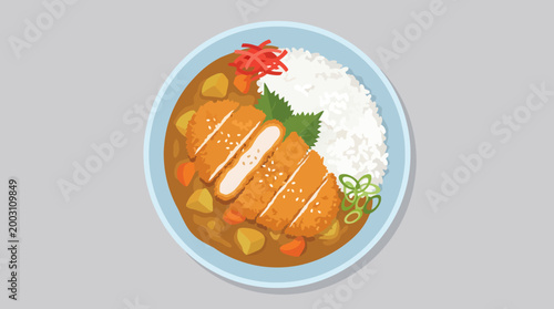 This appetizing plate features crispy chicken cutlet served with rice and curry, a harmonious blend of colors and textures representing culinary delight and tradition.
