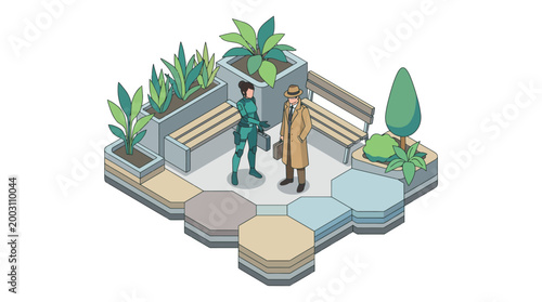 This image depicts two individuals conversing in a garden-like environment, symbolizing communication, collaboration, and the beauty of nature in interpersonal relationships.