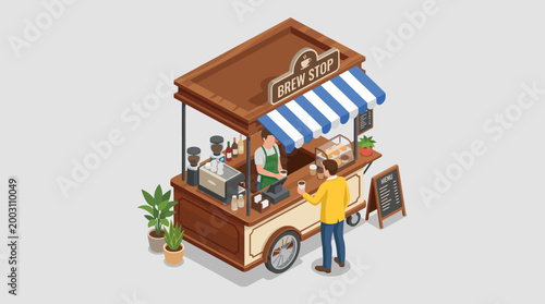 A vibrant coffee cart named Brew Stop serves delicious beverages, featuring a friendly barista and outdoor seating, ideal for casual customers enjoying their drinks.