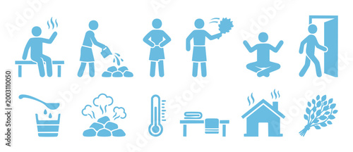 Sauna Icon Set, Steam Spa Rituals and Wellness Activities, Minimalist Blue Vector Symbols for Relaxation, Health and Body Care Procedures, Graphic Collection for Thermal Bath and Heat Therapy Treatmen