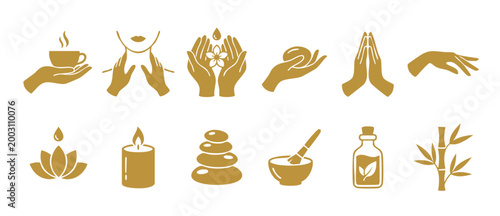 Spa and Wellness Icon Set, Gold Beauty Treatment Symbols for Massage and Holistic Therapy, Vector Graphic Collection of Zen Signs, Self-Care Elements for Branding Design on a White Background