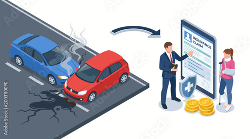 An illustration depicts the car accident claim process involving two vehicles and a person filing a claim with an insurance representative for clarity and understanding.