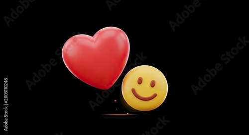 A vibrant red heart floats above a cheerful yellow smiley face, set against a backdrop of lush green trees and a clear blue sky.