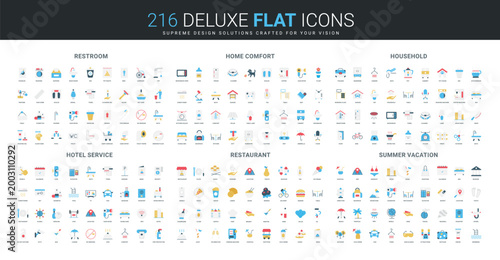 Flat icon set featuring restroom, home comfort, household, hotel service, restaurant, and summer vacation themes, covering daily life, travel, and hospitality needs isolated vector illustration