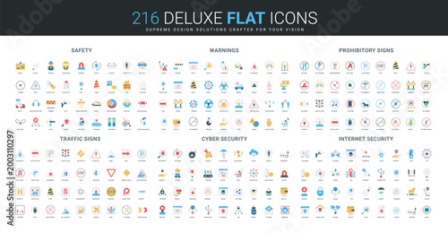 Comprehensive set of flat icons covering safety, warnings, prohibitory traffic signs, cyber and internet security concepts, each block visually distinct and detailed isolated vector illustration