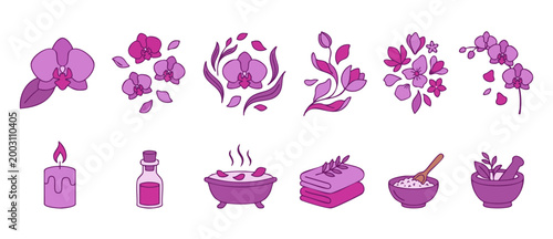 Purple Orchid Spa Icon Set, Aromatherapy and Wellness Vector Illustrations for Beauty Salon Branding, Yoga Studio Relaxation Elements, Floral Design Elements for Cosmetic Packaging and Decorative Grap