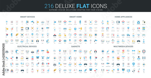 Comprehensive set of flat style icons representing smart devices, home automation, electrical equipment, modern gadgets, and multimedia technology isolated vector illustration