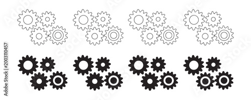 Set of gear wheel icons outline and solid style isolated on checkered background industrial mechanic concept.