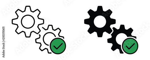 Gear wheels with checkmark icon flat design for business efficiency and successful project task completion.