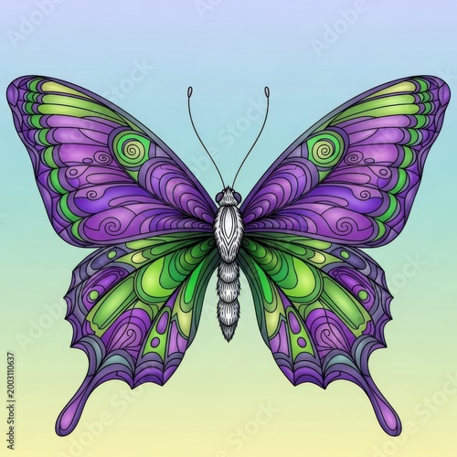 Beautiful butterfly with purple and green wings spread wide open