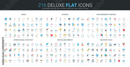 Flat icon set covering space exploration, scientific research, measurement arrows, operational strategy, recycling energy, and military technology themes isolated vector illustration