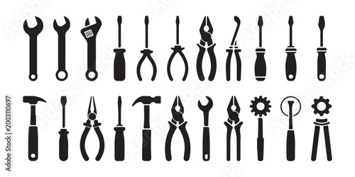 Collection of various hand tools icons silhouettes for construction repair maintenance and home renovation.