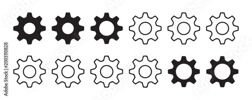 Collection of gear icons in various styles including solid black and outline versions for interface designs.
