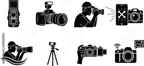Photography equipment and photographer silhouette icons collection, DSLR camera, tripod, vintage camera, smartphone photography, digital photo technology illustration design