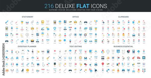 Comprehensive set of flat icons covering stationery, office tools, clipboard, planner, text editing, and business essentials for productivity and organization isolated vector illustration