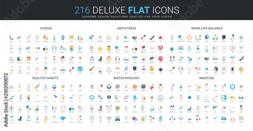 Flat icon set covering stress, antistress, work-life balance, healthy habits, biotechnology, and medicine topics for wellness, science, and healthcare concepts isolated vector illustration