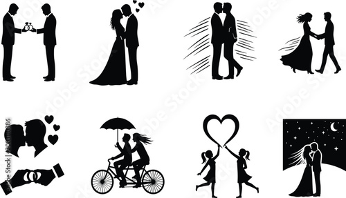 Romantic couple silhouette collection, love and relationship scenes, wedding, dating, affection, togetherness, heart symbol, vector illustration for graphic design