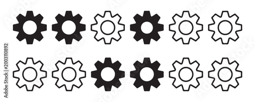 Versatile gear icon library with solid and outlined styles suitable for diverse software interface projects.