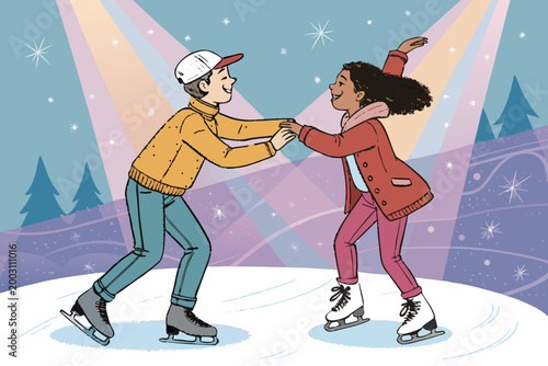 Adorable Couples Skate With Two Children Holding Hand